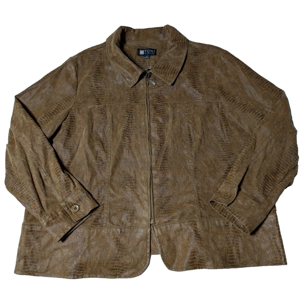 TONI MORGAN‎ Women Plus 1X Brown Rayon Blend Snake Skin Zip Lightweight Jacket